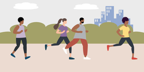 Group of people running the marathon in the city