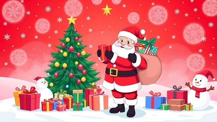Fototapeta premium Santa Claus Holding Gifts in Front of a Christmas Tree - Festive Holiday Art, Santa Claus with Gifts, Christmas Celebration Scene, Festive Holiday Illustration, Magical Christmas Scene Santa 8K HD