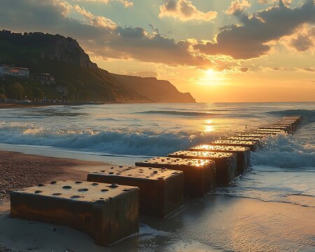 Beautiful sunrise over the ocean with a rocky beach coastline