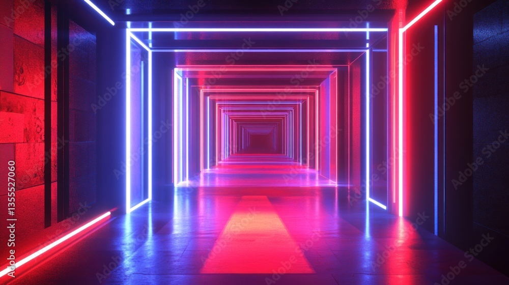 Poster a virtual space with geometric patterns and ambient lighting.