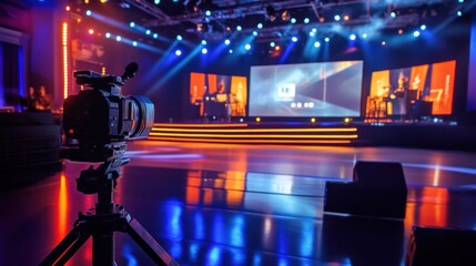 A virtual tech launch event with colorful, dynamic light effects. 