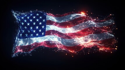 Fiery American Flag Waving in Digital Particles.