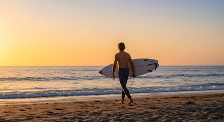 Surfer Walking on Beach at Sunset with Surfboard Under Arm