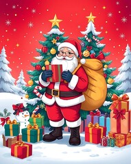 Santa Claus Holding Gifts in Front of a Christmas Tree - Festive Holiday Art, Santa Claus with Gifts, Christmas Celebration Scene, Festive Holiday Illustration, Magical Christmas Scene Santa 8K HD