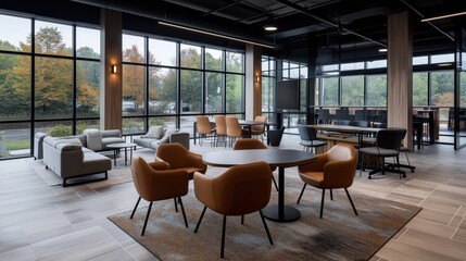 Modern office interior with comfortable seating and large windows  