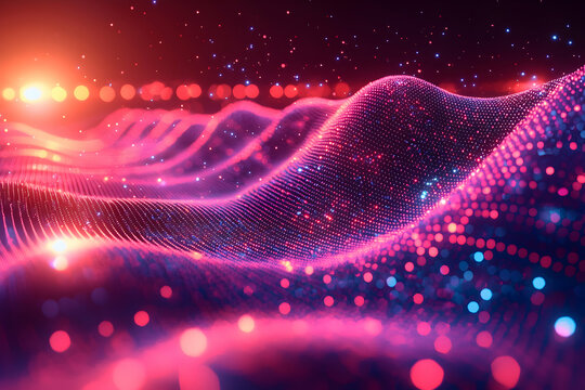 Abstract digital waves in pink and purple hues. Ideal for representing data flow futuristic visuals or tech backgrounds. This could also be used in presentations