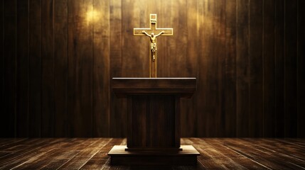 A wooden church podium with a golden cross on it. 
