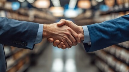 Businessmen shaking hands in retail store, aisle shelves background, deal done