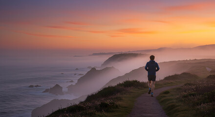 Person Running Along Cliffside Path at Sunset with Ocean View