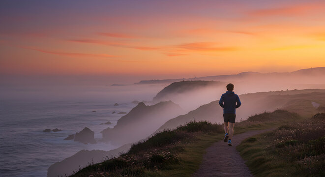 Person Running Along Cliffside Path at Sunset with Ocean View