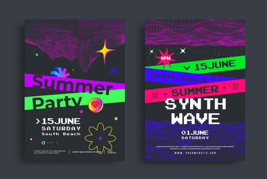 Bright neon retro-futuristic posters for summer music event with glitch typography, vibrant colors, and abstract geometric elements on dark background