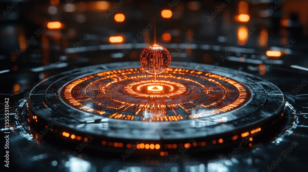 Poster futuristic technology sphere interface: a digital orb on a glowing circular platform
