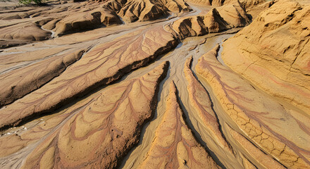 Striking aerial view of an eroded mud landscape with intricate water flow patterns