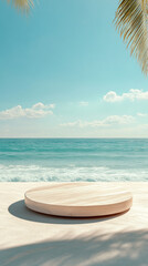 Obraz premium Beach scene with round wooden podium against sea background for product display or advertising; tropical getaway concept.