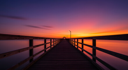 Fototapeta premium Wooden Pier Stretching Into Water Under Vibrant Sunset Sky