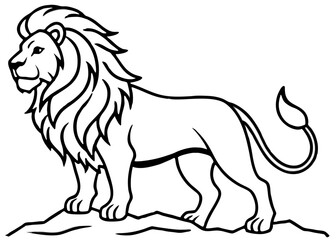 Fototapeta premium Majestic Lion Illustration: A bold, black and white illustration of a powerful lion standing proudly, showcasing its magnificent mane and regal presence.