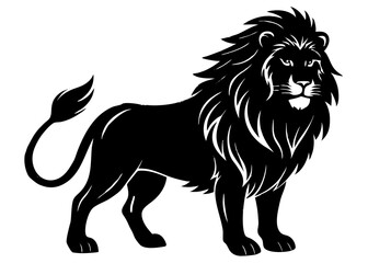 Obraz premium Majestic Lion Icon: A striking silhouette of a lion, embodying strength and regal elegance, stands boldly against a stark background. Ideal for graphic resources, it radiates power, perfect for logos.