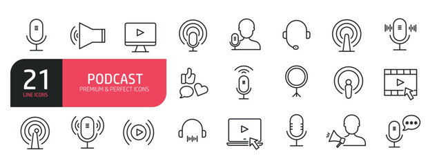 Set of line icons related to  audio, microphone, record, podcasting. Outline icons collection. Editable stroke. Vector illustration. stock illustration