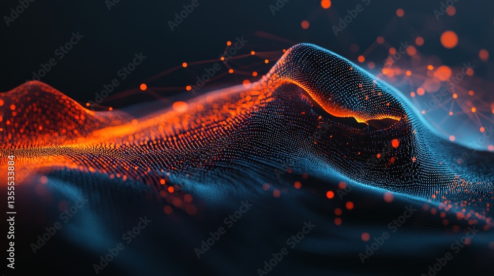 Poster fiery digital wave abstract particle flow.