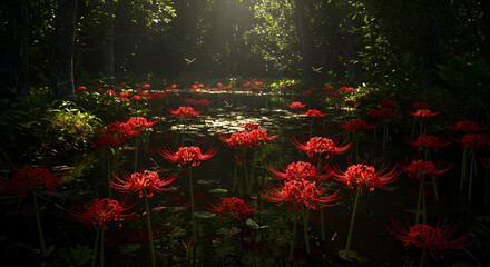 Red Spider Lily Flowers Blooming in Forest with Sunlight Streaming Through