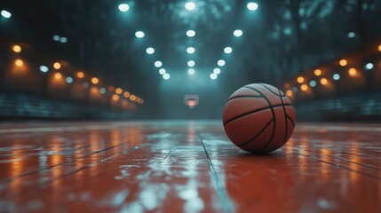 Basketball on court in empty arena at night under lights