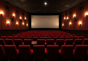 Fototapeta premium Dark empty cinema theater with blank screen, ready for movie projection