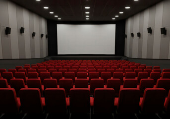 Dark empty cinema theater with blank screen, ready for movie projection