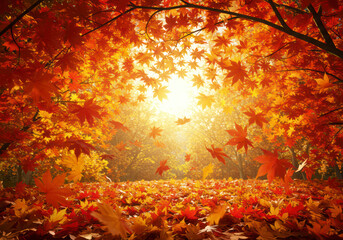 Sunlit autumn leaves in rich red and orange hues, forming a natural fall backdrop
