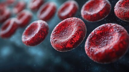 Microscopic view of red blood cells, showcasing their biconcave disc shape and textured surface.  They float in a dark, slightly hazy background