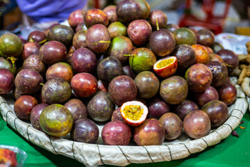 Fresh Ripe Passion Fruits Displayed at a Traditional Market in Vientiane, Laos