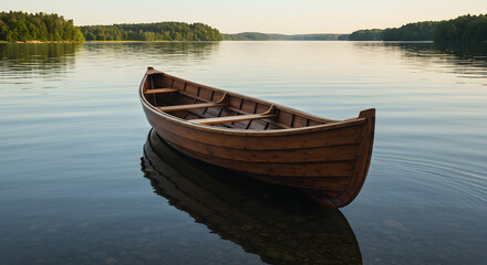Obraz premium Wooden Rowboat Floating Calmly on Still Lake Water with Forest Backdrop