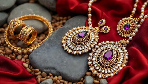 necklace and earrings on a red background - Powered by Adobe
