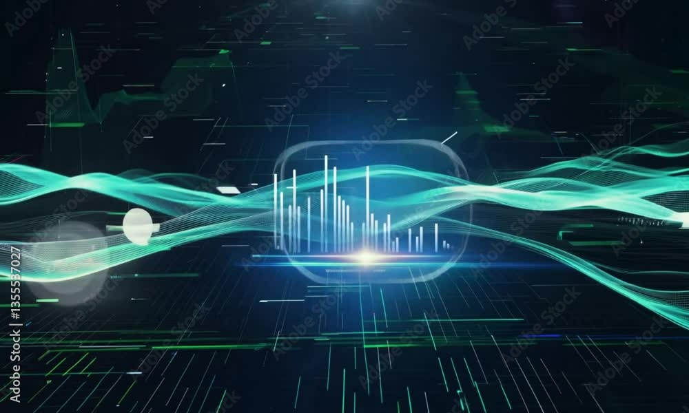 Poster abstract digital landscape with waves and light particles in a grid-like space