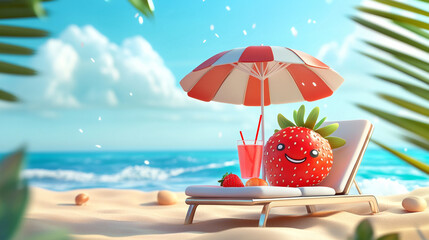 Smiling Strawberry Relaxing on Sunbed – Cute Beach Scene with Drink and Umbrella

