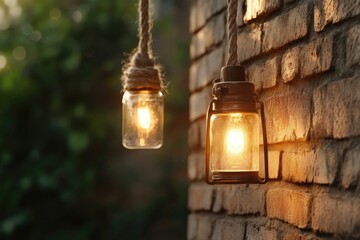 Rustic outdoor wall lights illuminate a garden setting.  Two hanging Edison style lamps, crafted from mason jars and vintage style lanterns, gently illuminate a brick wall backdrop.  