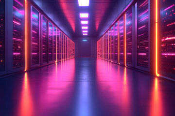 Fototapeta premium A data center hallway bathed in neon light. Servers line the walls creating a futuristic sci-fi aesthetic. Suitable for technology presentations or cyberpunk designs.