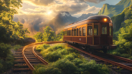 Fototapeta premium Nostalgic Vintage Railcar Amidst Lush Landscape Invokes Sense of Timeless Adventure and History