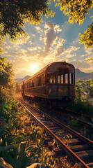 Fototapeta premium Nostalgic Vintage Railcar Amidst Lush Landscape Invokes Sense of Timeless Adventure and History