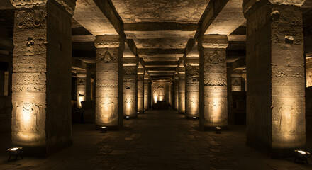Majestic Stone Hall with Carved Columns and Subdued Lighting Revealing Ancient Art