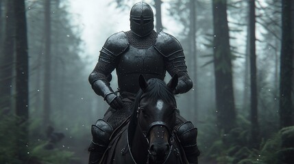 Fototapeta premium Epic knight riding through enchanted forest cinematic scene nature mystical environment dramatic viewpoint