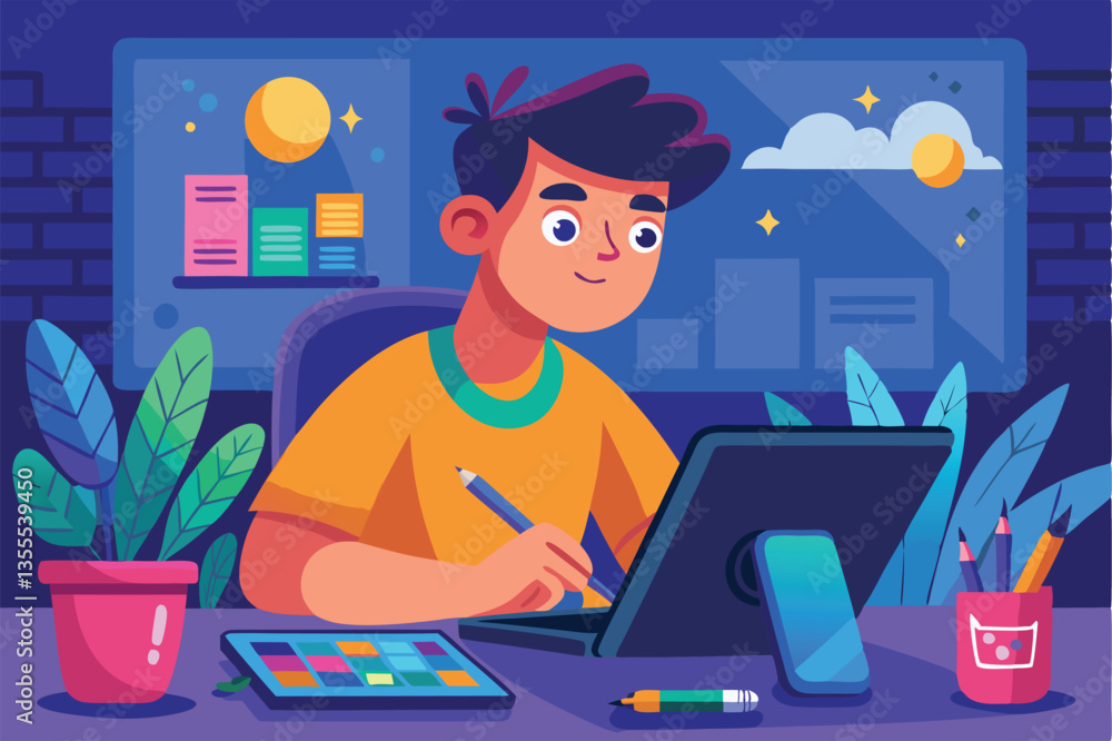 Poster creative individual engaging in digital note-taking at a modern workspace with vibrant colors and mi