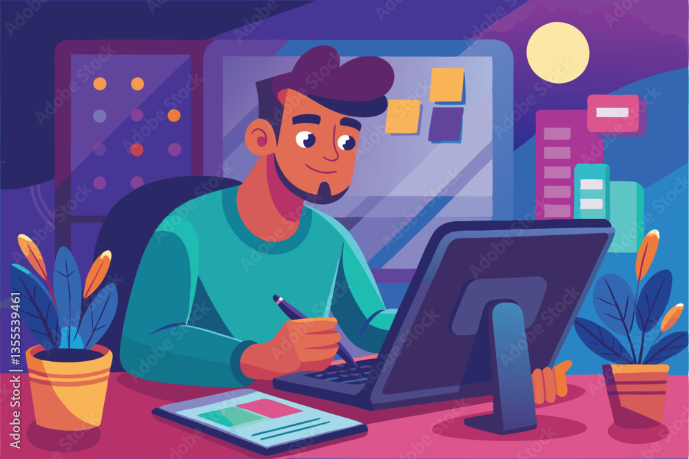 Poster creative individual engaging in digital note-taking at a modern workspace with vibrant colors and mi