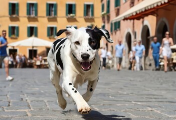 dalmatian dog running indoors in interiors of a modern living room of a house, doggy playing at home on the floor, in a warm apartment and cozy ambient