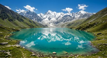 Obraz premium Turquoise Lake Reflecting Snow Mountains Under Blue Sky in Summer