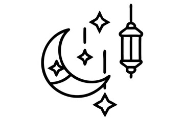 Fototapeta premium Ramadan Kareem with geometric crescent moon and lanterns, stars, Islamic elements Background for greeting cards and posters