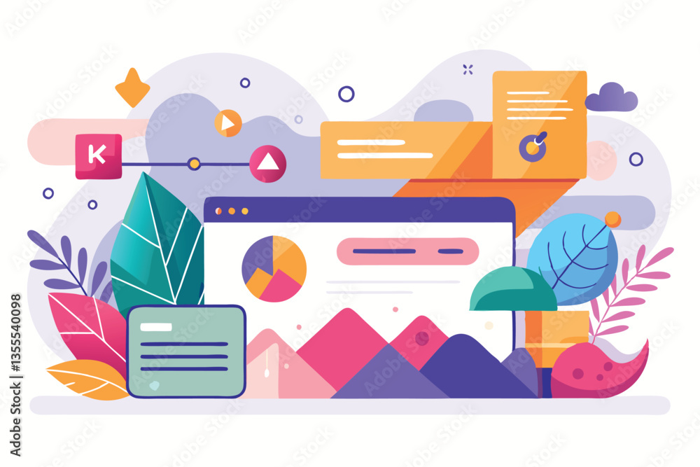 Aufkleber colorful minimalist vector illustration of a computer screen surrounded by vibrant plants and abstra