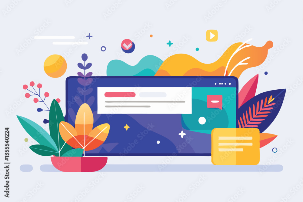 Poster colorful minimalist vector illustration of a computer screen surrounded by vibrant plants and abstra