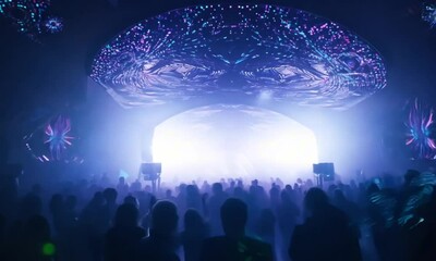 A high-tech underground club with neon strobes, fog machines, and holographic projections filling the space with energy - Powered by Adobe