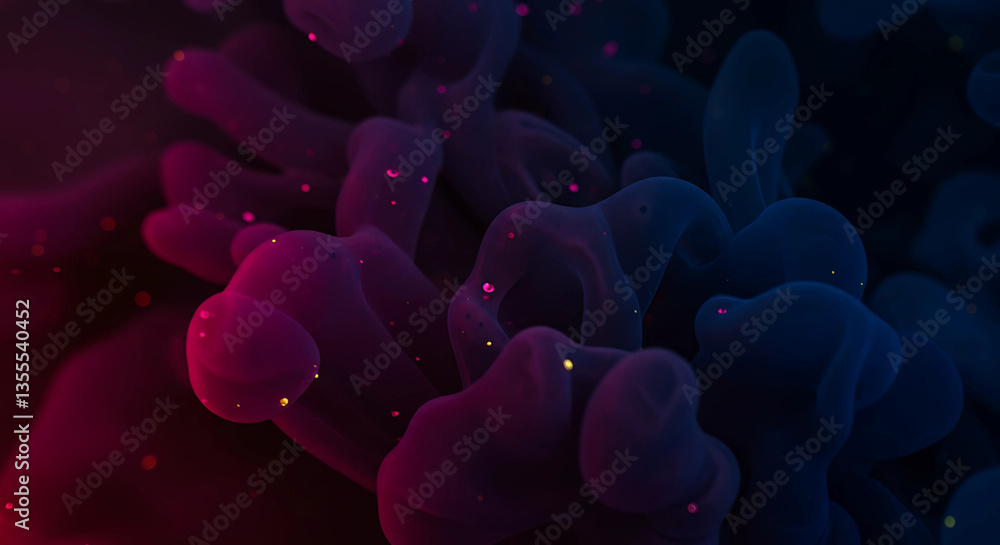Poster abstract blobs with glowing particles in dark lighting