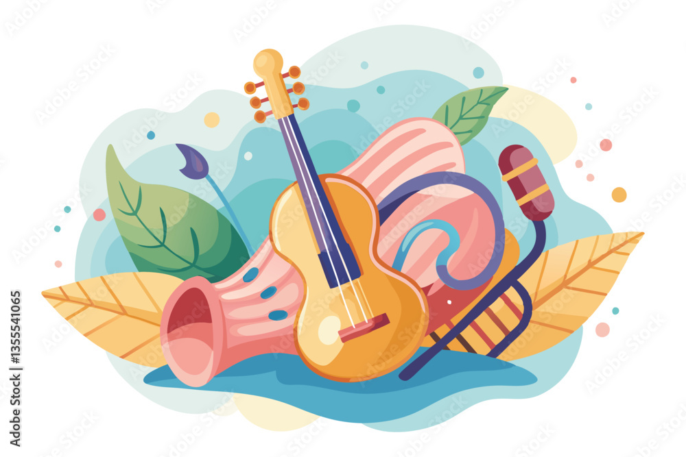 Poster musical instruments surrounded by colorful leaves and abstract shapes in a minimal vector illustrati